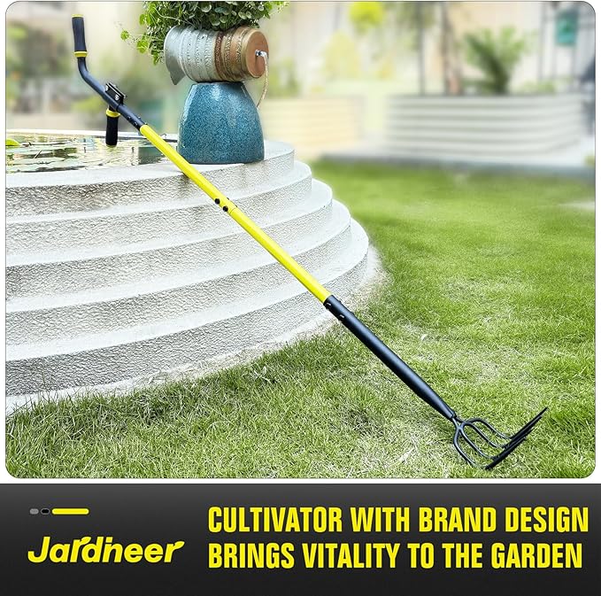Jardineer 4-Tine Cultivator Rake with Auxiliary Handle, Garden Cultivator Long Handle, Hand Tiller Tool for Gardening Digging Loosening Weeding