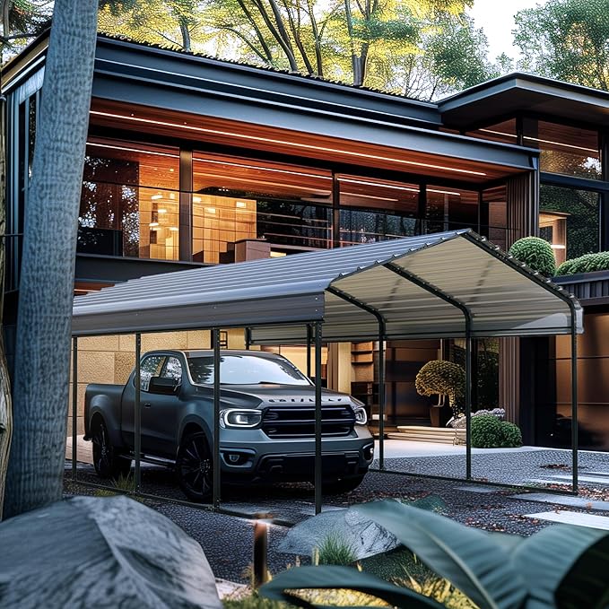 GREEN PARTY 12 x 20 ft Metal Carport Kits with Galvanized Steel Roof, Heavy Duty Metal Carport Canopy, Outdoor Car Tent Metal Garage Shelter for Car, SUV, Truck and Boats, Grey