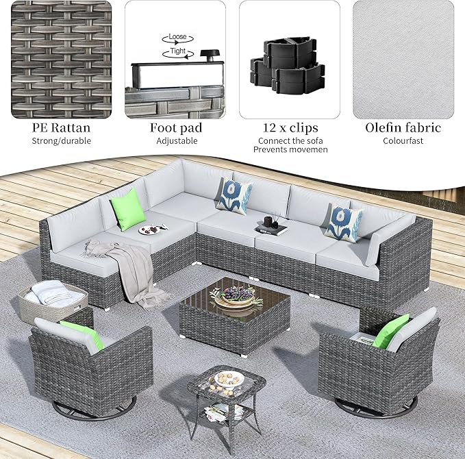 HOOOWOOO 10 Piece Patio Sectional Furniture Set with Swivel Rocking Chairs,Modern Wicker Outdoor Conversation Sofa Sets,Weather Resistant Modular L Shaped Outside Couch Set(Light Grey)