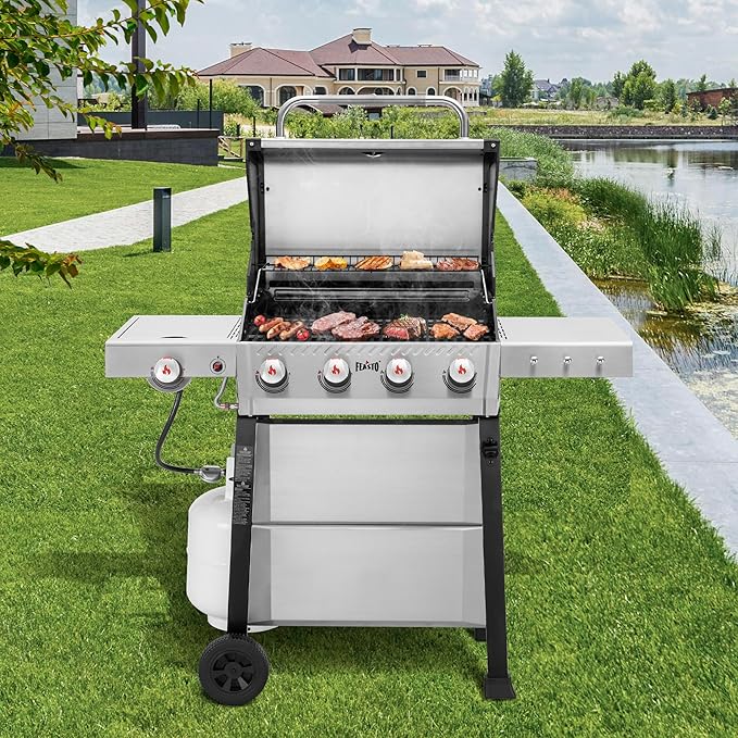 All Stainless Steel 4+1 Burner Gas BBQ Grill, Outdoor Propane Grill with Premium Enameled Coated Chamber Body & Porcelain-Enameled Cast lron Grates, 48,000 BTU