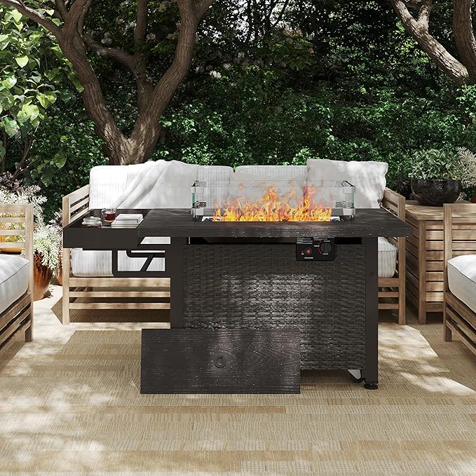 52 Inch Wicker Outdoor Fire Table, 50,000BTU Propane Fire Pit Table with Windshield, Side Basket, Rain Cover and CSA Certified, Patio Fire Pit for Garden, Backyard, Balcony, Poolside, Brown