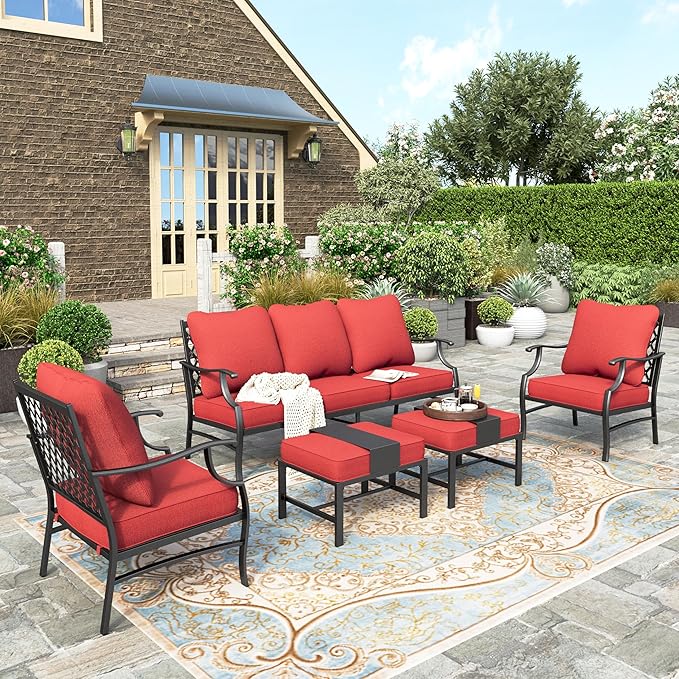 HERA'S HOUSE 5 Piece Patio Furniture Set, 2 x Leg Chair, 2 x Ottoman, 1 x 3-Seat Sofa, All Cushioned 7 Seats Metal Outdoor Conversation Set for Lawn Garden Backyard