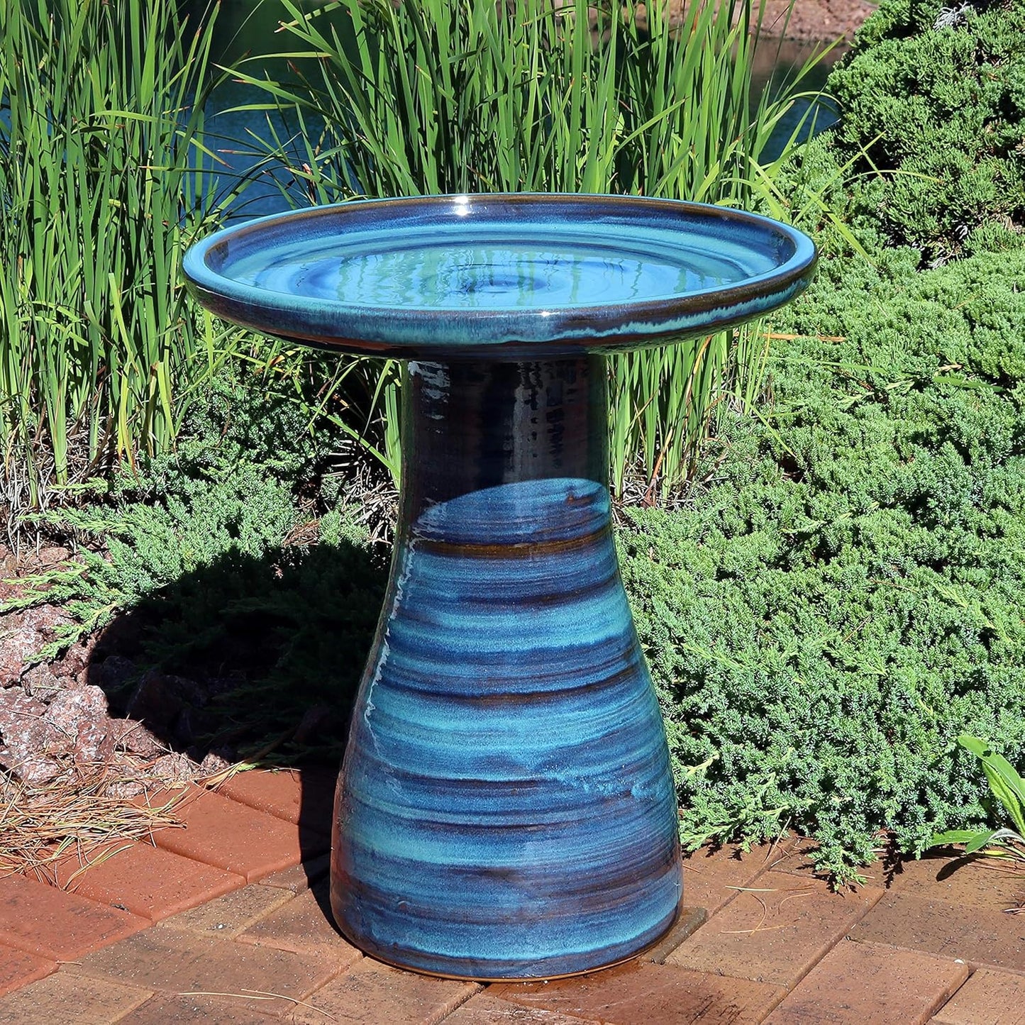 Sunnydaze 21" H Ceramic Bird Bath for Outside - Hand-Painted Outdoor Bird Bath Bowl, UV/Frost-Resistant Finish - Galaxy Blue - Classic Pedestal