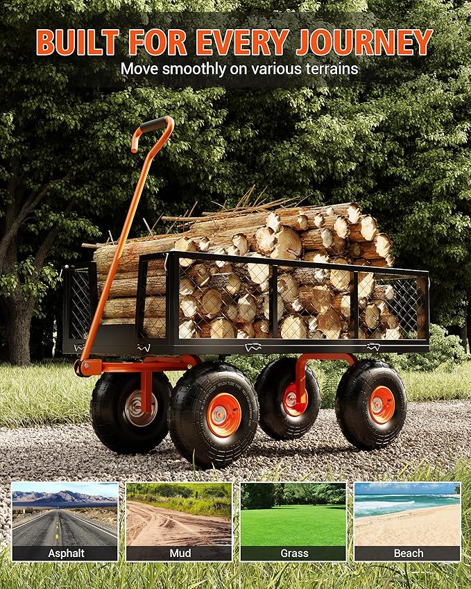 Heavy Duty Steel Garden Cart, 900 LBS Capacity 3 in 1 Pullable Garden Wagon with 10" Wheels, for Gardening Soil, Tools, and Plant Transport