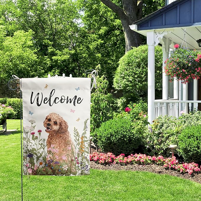 Spring Summer Garden Flag Floral Golden Doodle Puppy Yard Flag Flower Dog Garden Flags for Outside Small Outdoor Welcome Flags 12x18 Double Sided