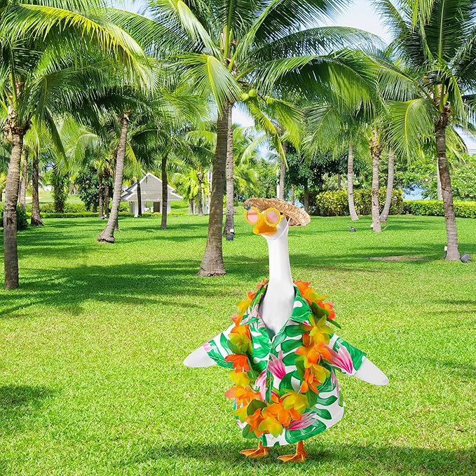DECOHS 4 Pcs/Set Hawaiian Porch Goose Outfits, Summer Lawn Goose Costume, Yard Goose Clothes Hawaiian Wreath with Straw Hat Glasses for 23" Statue Patio Garden Decoration