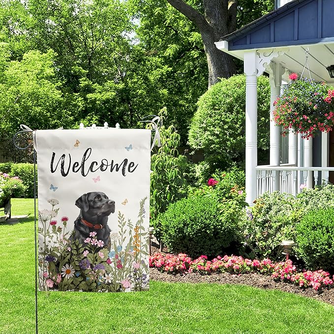 Spring Summer Garden Flag Floral Black Lab Yard Flag Flower Labrador Dog Garden Flags for Outside Small Outdoor Welcome Flags 12x18 Double Sided