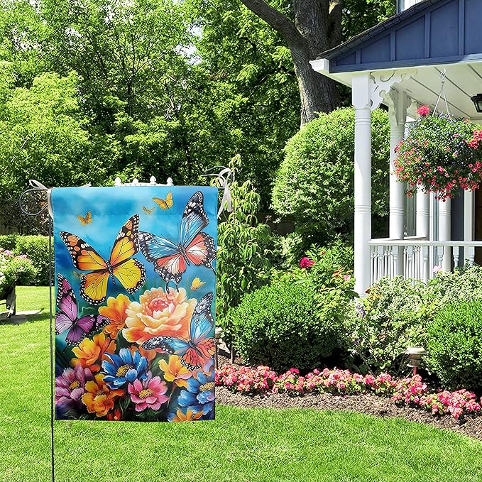 Summer Garden Flags 12x18 Double Sided Spring Butterfly Garden Flag Flower Welcome Flags for Outside Floral Yard Flags Outdoor Front Porch Decor