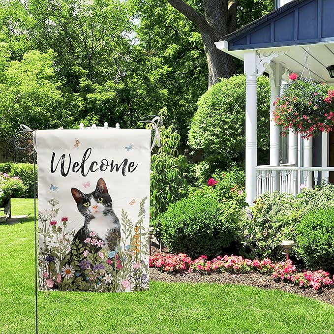 Spring Cat Garden Flag Floral Tuxedo Cat Garden Flags for Outside Summer Flower Outdoor Flag Small Farmhouse Welcome Yard Flag 12x18 Double Sided