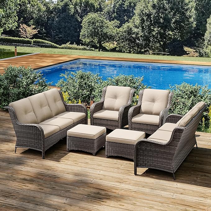 Joyside Patio Furniture Set 6 Pieces - Outdoor Rattan Furniture Set with 2 Armchairs, 2 Couch and 2 Ottomans, Olefin Cushions Included(Mixed Grey/Beige)
