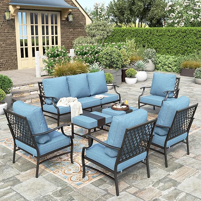 HERA'S HOUSE 7 Piece Patio Furniture Set, 4 x Leg Chair, 2 x Cushioned Ottoman, 1 x 3-Seat Sofa, All Cushioned 9 Seats Metal Outdoor Conversation Set for Lawn Garden Backyard
