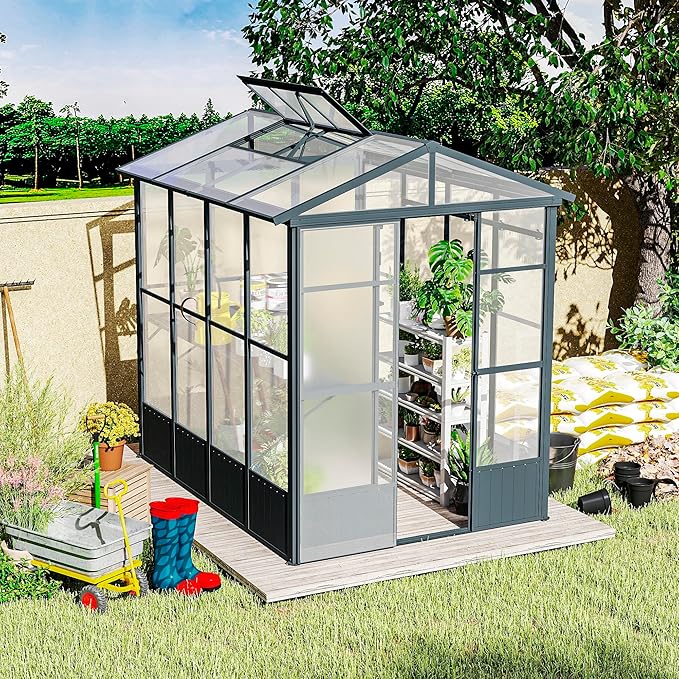 Domi 6.5x8FT Polycarbonate Greenhouse with Automatic Vent, Extra Tall 7.8FT Walk-in Aluminum Frame, Weather-Resistant Green House with Shelves & Hooks for Outdoor Garden, Backyard, Dark Grey