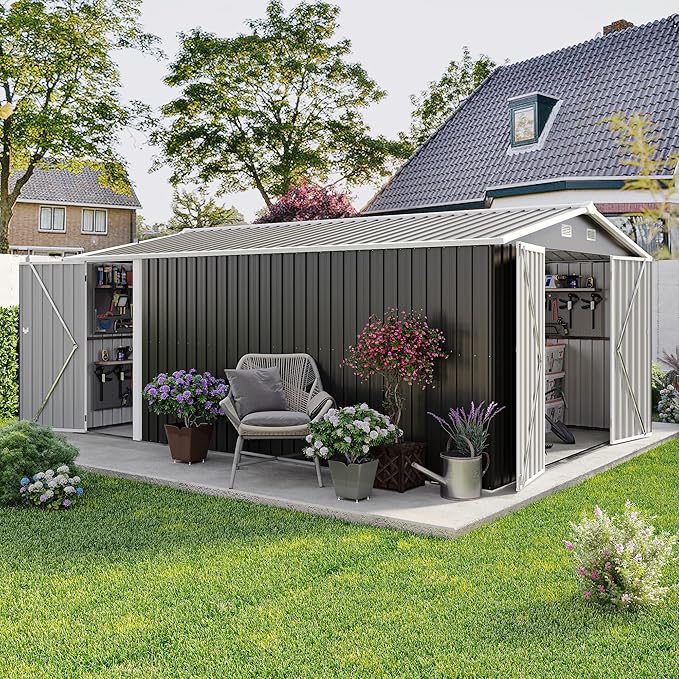 KEIKI 10x 14 FT Metal Storage Shed Outdoor, Large Garden Shed with Roof & Lockable Doors, Utility Tool Sheds Frame & 4 Vents for Patio Backyard Bicycles Storage House, All Weather Use, Dark Grey