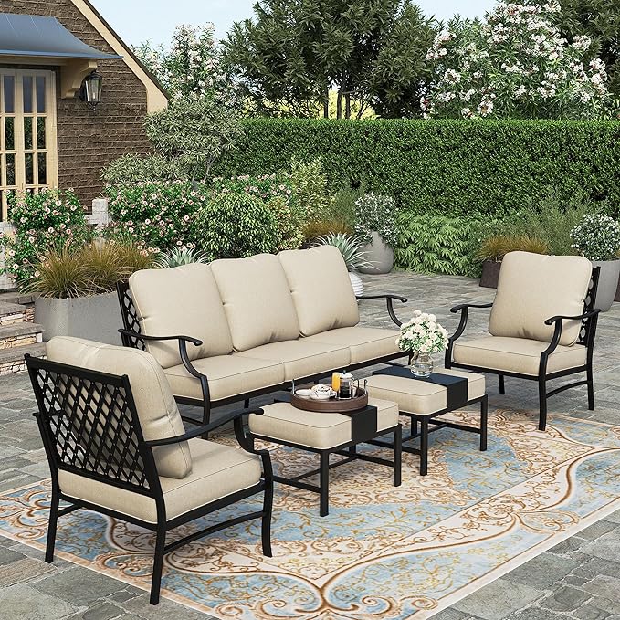 HERA'S HOUSE 5 Piece Patio Furniture Set, 2 x Cushioned Metal Chair, 2 x Ottoman, 1 x 3-Seat Sofa, All Cushioned 7 Seats Outdoor Conversation Set for Lawn Garden Backyard