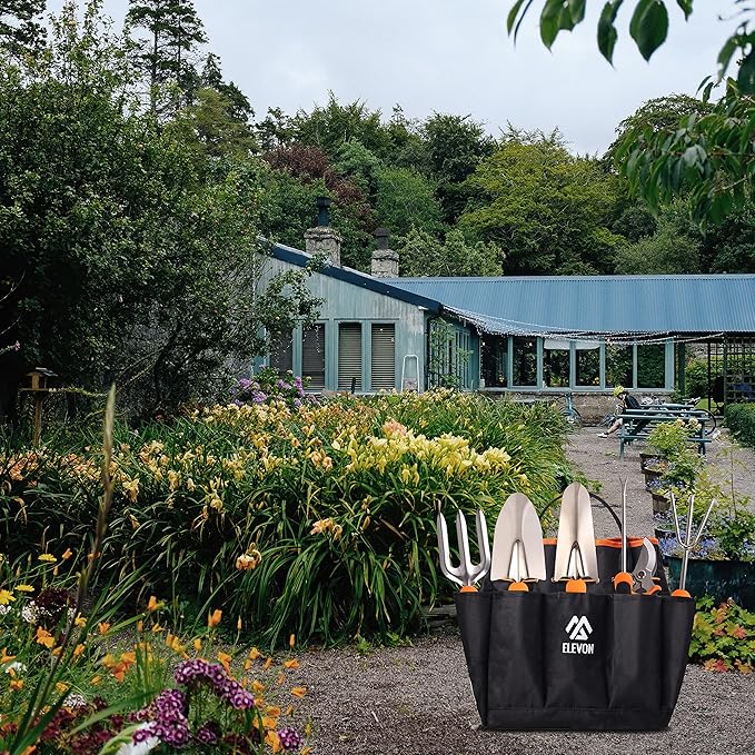 Gardening Tool Set, Stainless Steel Heavy Duty Gardening Kit with Ergonomic Handles, Durable Gardening Bag, Ideal Gardening Tool Set - Suitable for Men and Women (Orange, 7Piece)