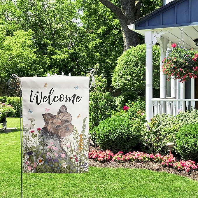 Floral Yorkie Garden Flag Spring Summer Yard Flag Flower Yorkshire Terrier Dog Garden Flags for Outside Small Outdoor Welcome Flags 12x18 Double Sided