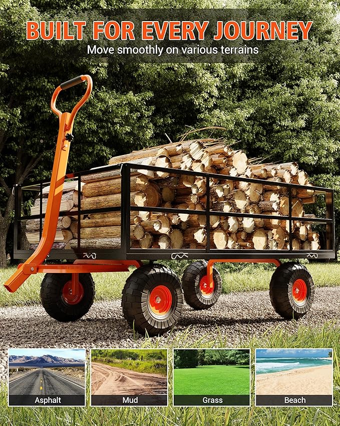 Heavy Duty Steel Garden Cart, 1200 LBS Capacity 3 in 1 Pullable Garden Wagon with 13" Wheels, for Gardening Soil, Tools, and Plant Transport