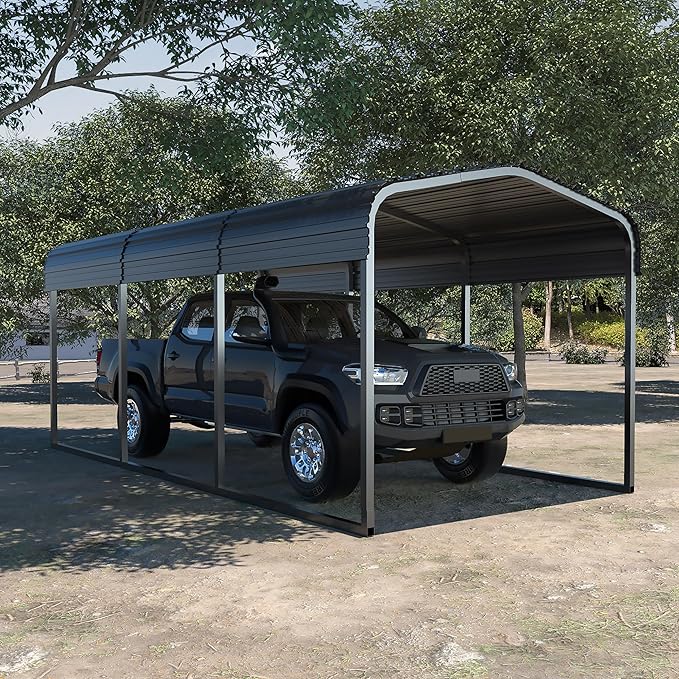MUPATER Outdoor Carport Canopy 10' x 15', Metal Carport Tent Heavy Duty, Garage Car Shelter Shade with Metal Roof, Frame and Bolts for Car, Truck and Boat, Grey and Silver