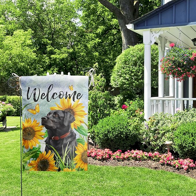 Sunflower Black Lab Garden Flag Summer Spring Garden Flags for Outside Floral Labrador Dog Yard Flag Small Outdoor Welcome Flags 12x18 Double Sided