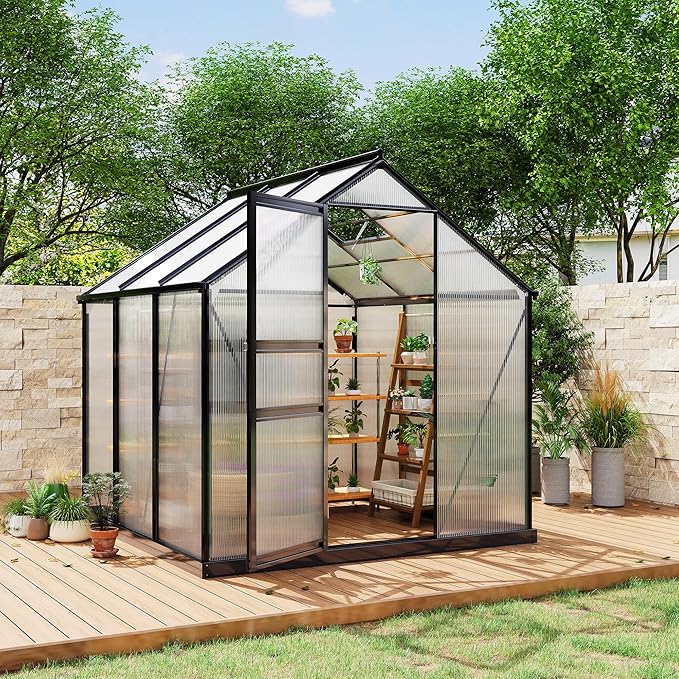 6x6FT Greenhouses for Outdoors, Heavy Duty Polycarbonate Green House with Quick Setup Structure, Roof Vent, Push-Pull Lockable Door, Walk-in Aluminum Green House for Garden Backyard, Patio, Lawn