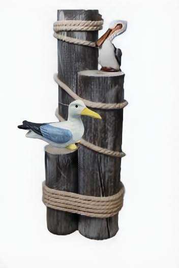 DRH - Pelican and Seagull Statue on Wood Pilings – Coastal Garden Decor, Nautical Bird Sculpture for Porch, Pool, Patio or Beach House - Marine Bird Sculpture Nautical Decor