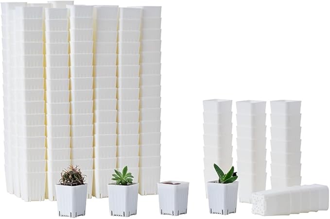BangQiao 300 Pack 1.55 Inch Tiny White Plastic Square Nursery and Seedling Pot, Mini Transplant Seed Starter Planter with Drain Hole for Germination, Herb, Succulent