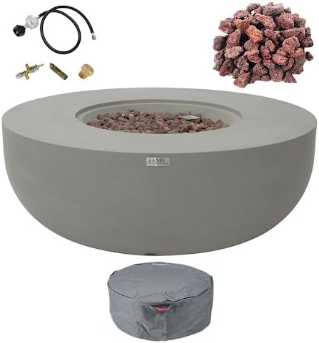 AMS Creations | Eclipse 44" Round Cast Concrete Propane Gas Fire Pit Bowl Table | Light Gray | Smooth Texture Surface | Electronic Ignition | Outdoor Patio Heater Outside Backyard Fireplace