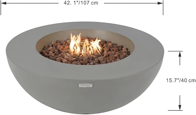 Elementi Lunar Bowl Fire Pit Bundle Outdoor Firepit Set Includes 42” Natural Gas Concrete Firepit, Glass Windscreen, Stainless Steel Cover, Canvas Cover, Floor Mat, and Beverage Tub