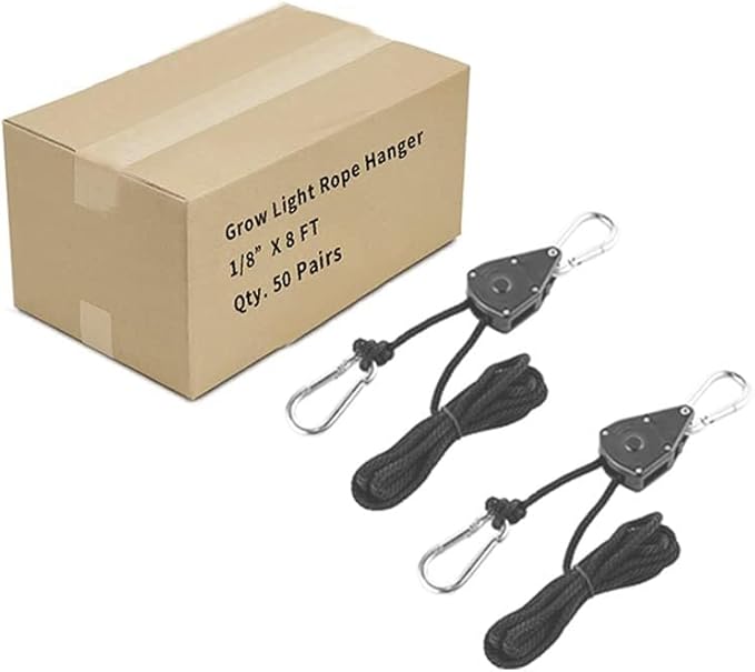 Grow Light Rope Hanger 50Pairs，1/8" 8-Feet Long Heavy Duty Adjustable Rope Clip Hanger, Adjustable Rope Ratchet Hangers 150 Lbs per Pair Used with Grow Light, Grow Bags