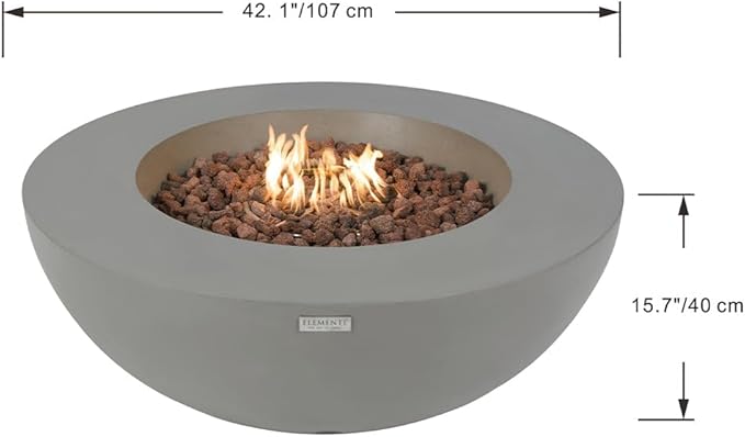 Elementi Lunar Fire Bowl Outdoor Fire Pit Table 42 Inches Round Firepit Concrete Patio Heater Electronic Ignition Backyard Fireplace Cover Lava Rock Included Liquid Propane