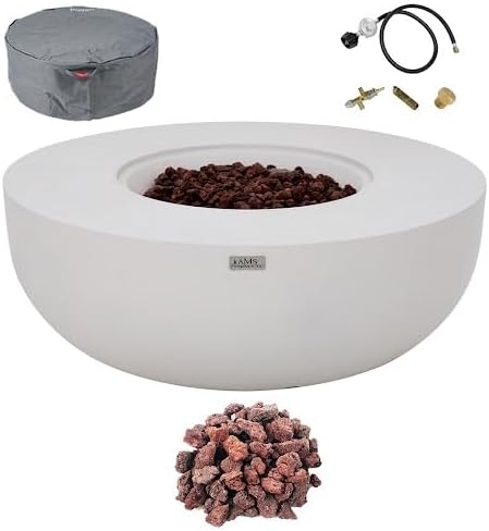 AMS Creations | Eclipse 44" Round Cast Concrete Propane Gas Fire Pit Bowl Table | Cream White | Smooth Texture Surface | Electronic Ignition | Outdoor Patio Heater Outside Backyard Fireplace