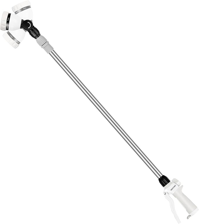 RESTMO 36”-60” Metal Watering Wand, Long Telescopic Tube | 180° Adjustable Ratcheting Head | 7 Spray Patterns | Flow Control, Garden Hose Sprayer to Water Hanging Baskets, Shrubs, White