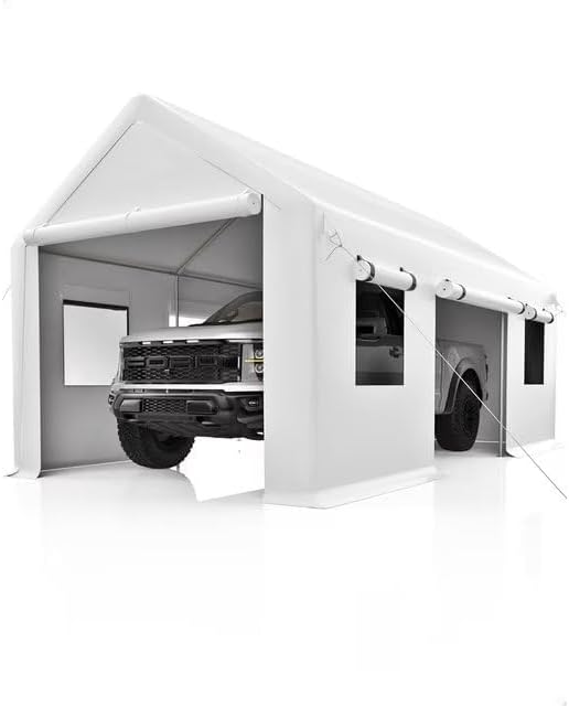Garvee 13x20 Heavy Duty Carport Canopy, Galvanized Steel Frame Car Port with Waterproof PE Tarp, 4 Doors & 4 Windows, All Weather Portable Garage for Car Boat Truck, White