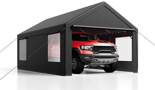 Carport 12'x 20' Portable Garage with Removable Door for Car, Truck, Boat, Car Canopy with All-Season Tarp, Grey