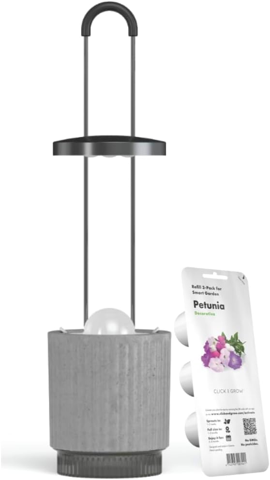 Mini Smart Planter Kit with Petunia Plant Pods by Click&Grow, Hydrovase Indoor Garden, Self-Watering Pot with Grow Light (Grey)