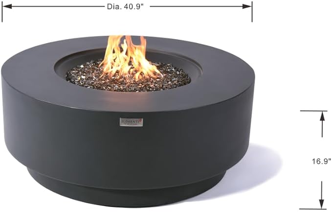Elementi+ | Bundle Nimes Gas Fire Pit Cast Concrete 40" Dia. Round Fire Table, Outdoor Fire Pit Electronic Ignition | Canvas Cover, Fire Glass and Burner Lid Included | Dark Gray | Propane Gas