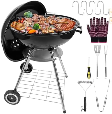 Ayiusedeza charcoal grill, kettle charcoal grill, 22.5-inch black 7-piece set, perfect for outdoor cooking in yards, hiking, and camping (227 piece set)