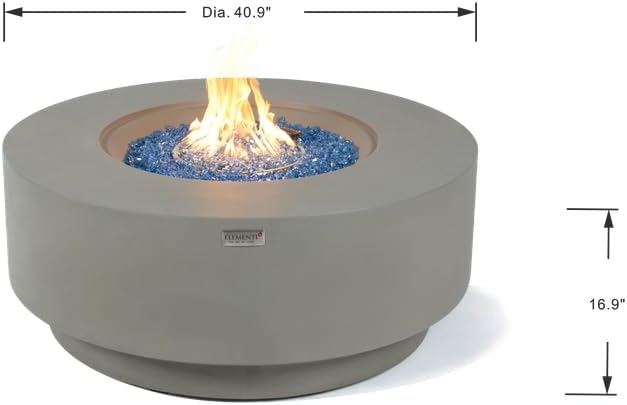 Elementi+ | Bundle Colosseo Gas Fire Pit Cast Concrete 40" Dia. Round Fire Table, Outdoor Fire Pit Electronic Ignition | Canvas Cover, Fire Glass and Burner Lid Included | Light Gray | Propane Gas