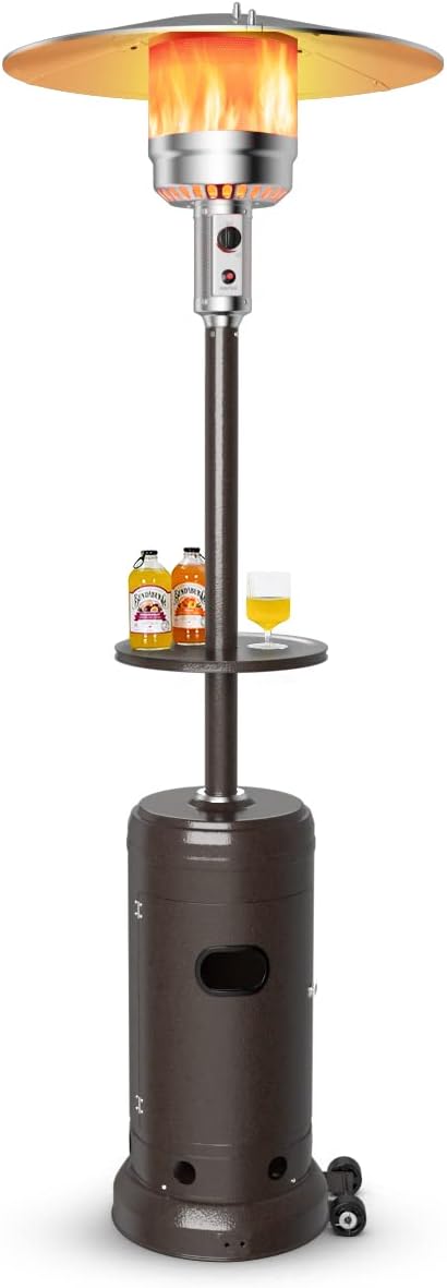 Giantex Outdoor Propane Heater, 48000 BTU Standing Gas Heater w/Shelf Tabletop & Wheels, Tip-Over Protection & Auto Shut Off, CSA Certified, Portable Patio Heater for Home & Commercial Use (Bronze)