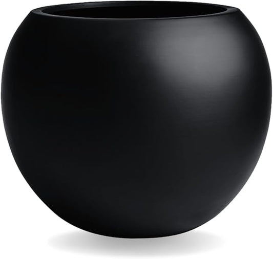 12.8" H x 16" D Globo Fiberstone Round Planter with Drainage Hole, Weather Resistant, Smooth Finish, Planters for Indoor Plants & Outdoor, 2 Extra Coco Mats (Black, 10.7" Pot Opening)