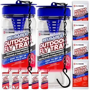 2 Fly Traps Outdoor Fly Trap for Patio with 4 Non-Toxic Dissolvable Bait Refills Plus 5 Sticky Ribbons. Reusable Hanging Bug Catcher Killer for All Filth Flies for Outside Bug Control Yard Ranch.