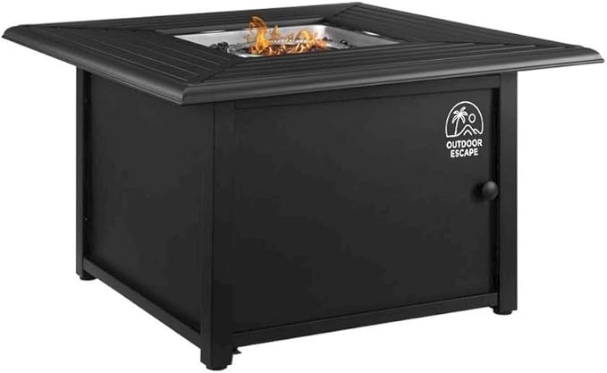 Black Fire Pit Table with Slatted Top and Covers – Propane Backyard Fireplace with Glass Beads and Tank Storage for Patio Furniture Use