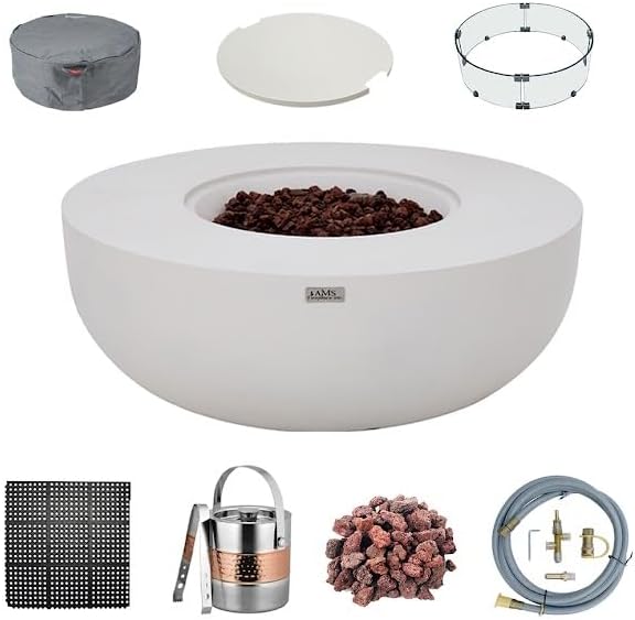 AMS Creations | Eclipse 44" Bundle Round Cast Concrete Natural Gas Fire Pit Bowl Table | Cream White | Smooth Texture Surface | Electronic Ignition | Outdoor Patio Heater Outside Backyard Fireplace