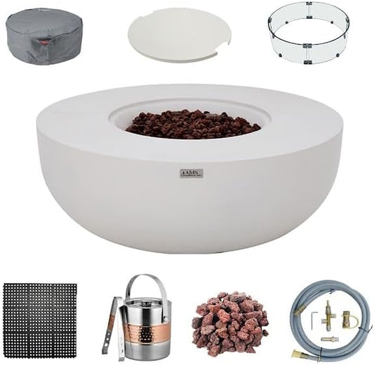 AMS Creations | Eclipse 44" Bundle Round Cast Concrete Natural Gas Fire Pit Bowl Table | Cream White | Smooth Texture Surface | Electronic Ignition | Outdoor Patio Heater Outside Backyard Fireplace