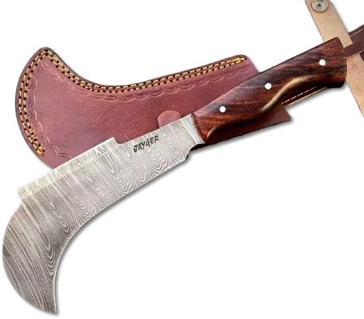 Hand Forged Damascus Steel Billhook Machete Knife – Heavy Duty Sickle Garden Tool for Cutting Trees, Yard Work, Weeding, and Camping – Survival Machete with Leather Sheath and Belt Loop
