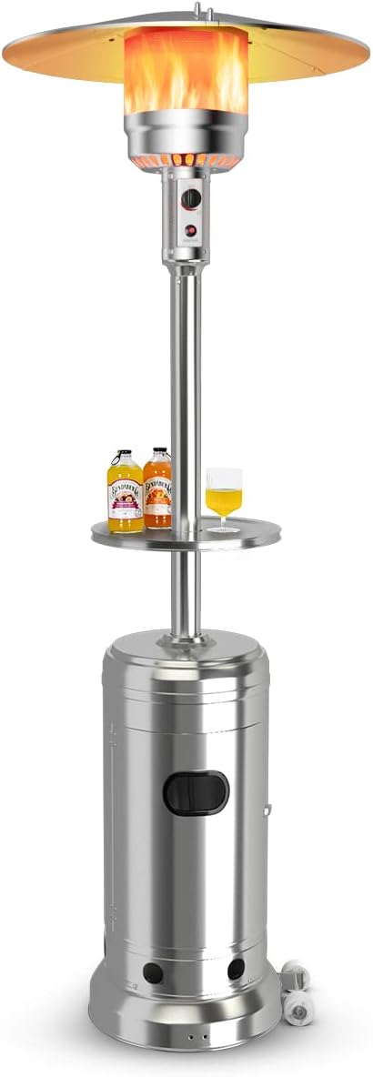 Giantex Outdoor Propane Heater, 48000 BTU Standing Gas Heater w/Shelf Tabletop & Wheels, Tip-Over Protection & Auto Shut Off, CSA Certified, Portable Patio Heater for Home & Commercial Use (Silver)
