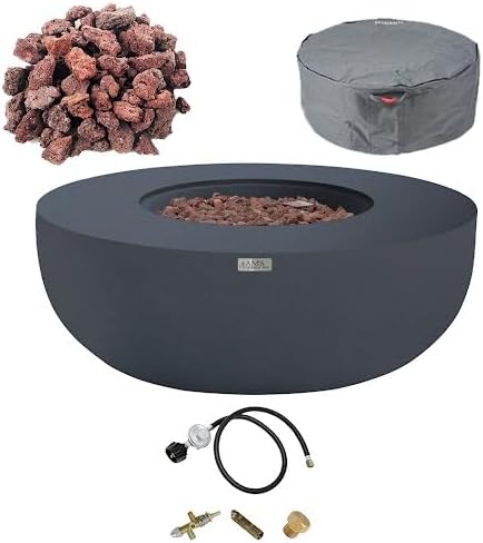 AMS Creations | Eclipse 44" Round Cast Concrete Propane Gas Fire Pit Bowl Table | Dark Gray | Smooth Texture Surface | Electronic Ignition | Outdoor Patio Heater Outside Backyard Fireplace