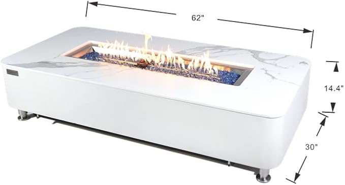 Elementi+ | Athens Gas Fire Pit | Cast Concrete Body & Marble Porcelain Top | 62" Rectangular Fire Table | Electronic Ignition | Canvas Cover, Fire Glass & Burner Lid Included | White | Natural Gas