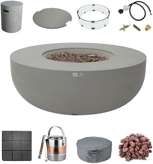 AMS Creations | Eclipse 44" Bundle Round Cast Concrete Propane Gas Fire Pit Bowl Table | Light Gray | Smooth Texture Surface | Electronic Ignition | Outdoor Patio Heater Outside Backyard Fireplace