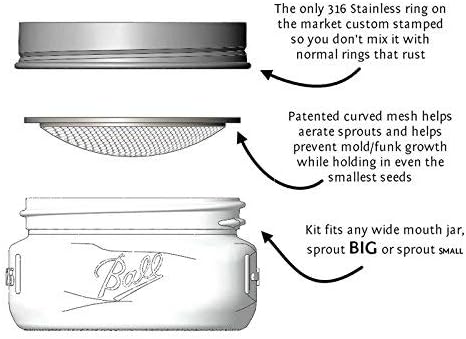 | Stainless Steel Sprouting Kit, 4 Pack | Rust Proof 316 Stainless, Curved Mesh, Fits Most Wide Mouth Mason Jars | Grow Your Own Organic Sprouts From Seeds, Sprouter